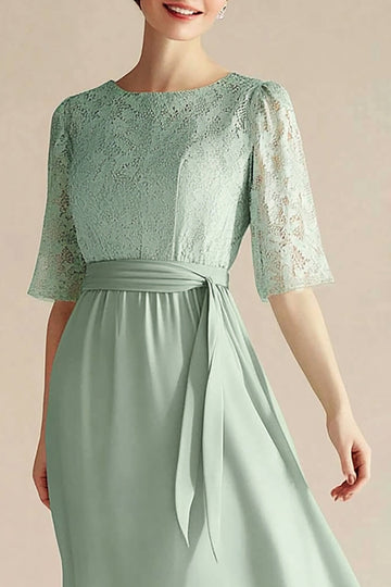 Col bateau en mousseline de soie vert clair Une ligne 3/4 Manches Mollet Robe mère